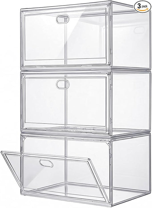 3-Pack Clear Stackable Shoe Display Cases – Large Plastic Storage Bins with Magnetic Door for Size 14 Sneakers, Organizer for Handbags, Collectibles & Closet