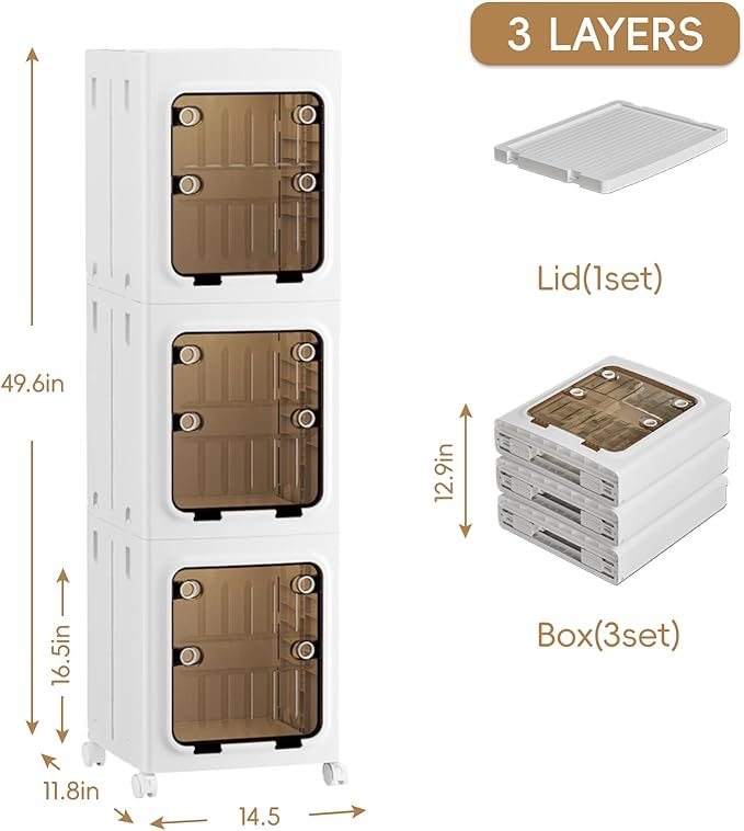 JEKO&JEKO 146 Qt Narrow Bathroom Storage Cabinet, 3-Tier Slim Tall Cabinet Organizer with Wheels, Foldable Plastic Storage Bin for Small Spaces, White