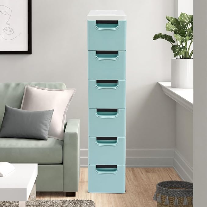 6 Drawers Storage Cabinet, Narrow Plastic Dresser, Rolling Organizer Cart, Mobile Slim Utility Cart on Wheels, Storage Drawer for Small Spaces (Blue)