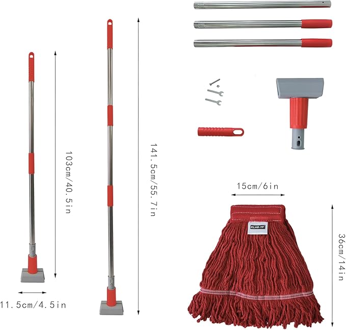 Heavy Duty Commercial Mop | 55.7" Stainless Steel Handle & 2 x 20.5 oz Looped-End Cotton Heads | Wet Mop for Home Garage Office Warehouse Floor Cleaning
