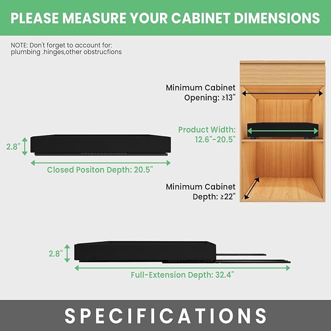 2 Pack Expandable Pull Out Cabinet Organizer, 21" Depth, for Kitchen Cabinets, Upgrade 3 Slide Slide-Out Drawers, Adjustable Width 12.05" - 20.5", Black