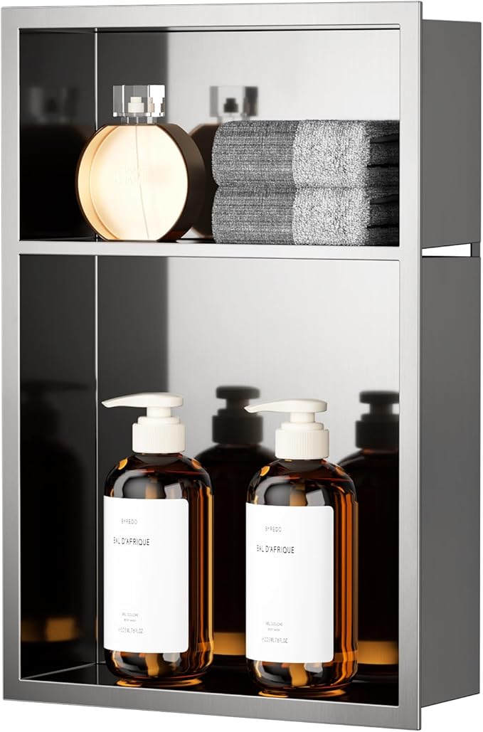 QAOYEDE Shower Niche Insert No Tile Needed, 18"x12" Stainless Steel Niche for Shower Wall, Recessed Shelf for Bathroom Storage 2 Layer,Brushed Nickel