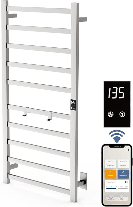 Smart Wireless Electric Towel Warmer | Blade Thin 10 Bar Design | Hardwired & Plug-in | Alexa & Google Home Compatible | Brushed Finish