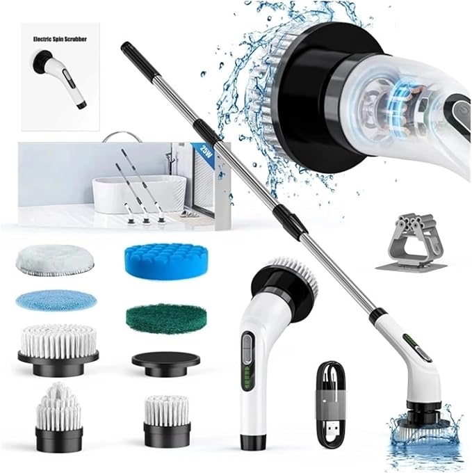 Electric Cleaning Brush Cordless Handheld Shower Scrubber Spin Cleaner Multifunctional Cleaner with 7PCS Heads Bathroom Kitchen(Gray and White)