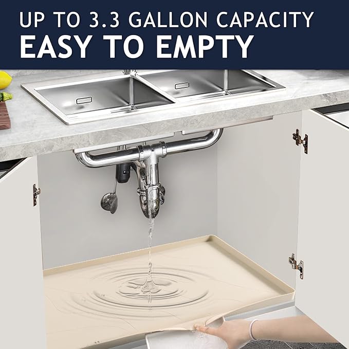 Heavy Duty Silicone Under Sink Mat for Kitchen&Bathroom 22" x 19",Waterproof Under Sink Rubber Mat Drip Tray, Raised Edge Under Sink Liner,Prevent Drips, Leaks, Spills,Beige