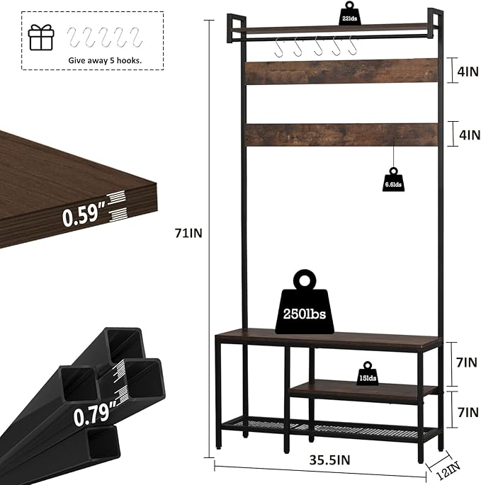 Coat Rack with Shoe Storage, 5 in 1 Entryway Furniture, Hall Tree with Bench and Shoe Storage, Coat Rack Freestanding with 14 Hooks and a Hanging Rod
