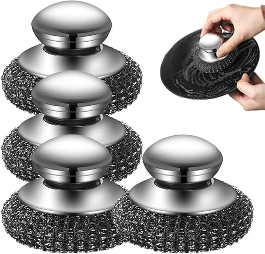 2026 New Steel Wool Scrubber, Stainless Steel Dish Scrubber with Handle for Cleaning Dishes, Iron Pots, Stoves, Wash Sink (4pcs)