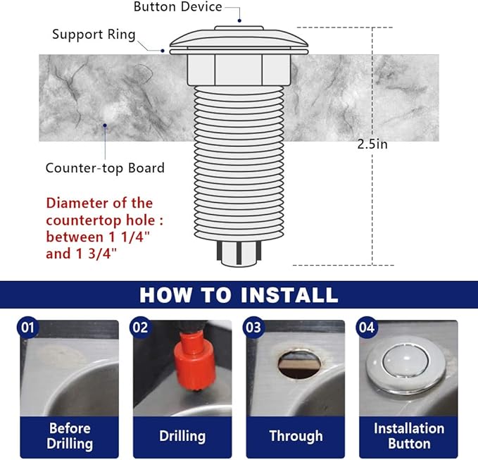 Garbage Disposal Switch, Cordless Air On Off Kit for Food Waste Disposer, Plastic White, LONG 3.5" Sink Top Push Button by CLEESINK