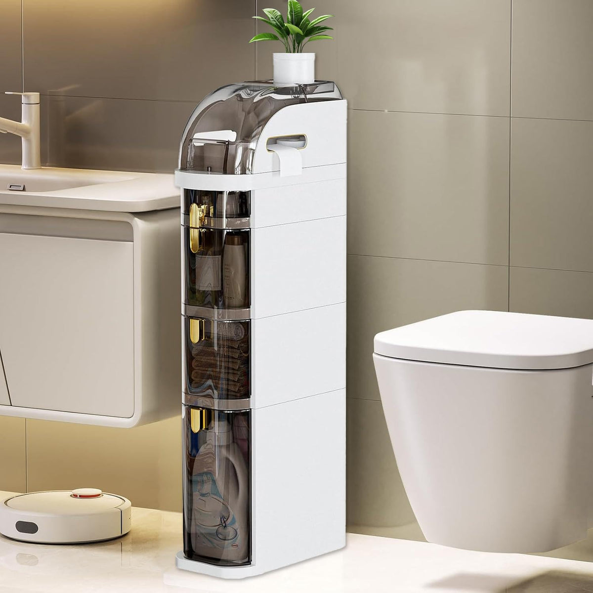 4-Tier Narrow Bathroom Storage Cabinet with Wheels & - Image 1