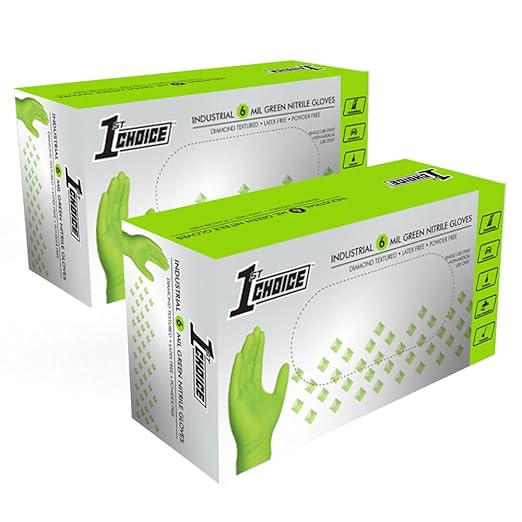 1st Choice 6 mil Green Gloves, Disposable, Latex Free, Raised Diamond Grip, Mechanic Glove for Men, XLarge, 2 Boxes of 100
