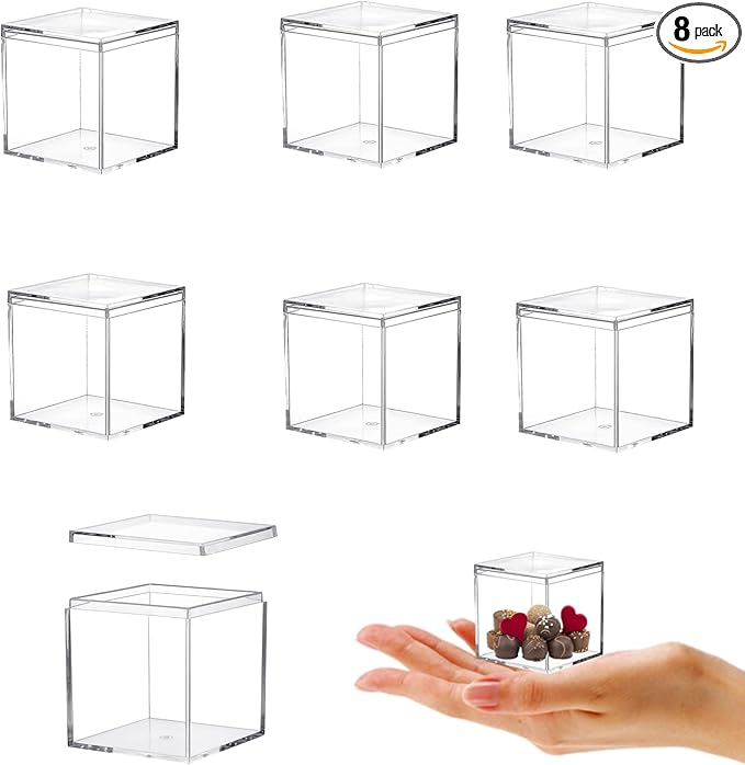 KissYou Small Acrylic Box Clear Box with Lid Plastic Display Boxes Square Cube Jewelry Storage Contanier Party Favor Christmas Candy Boxes