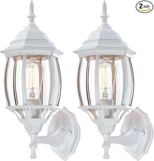 2 Pack White Porch Light - Outdoor Wall Sconce 16.8in White Outdoor Light Fixture for House Garage Metal and Glass Exterior Wall Lantern for Front Door Balcony, E26
