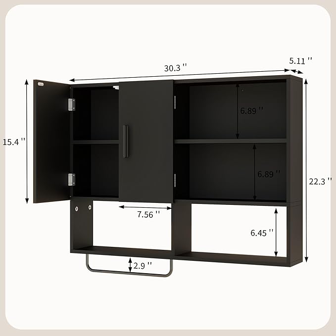 Medicine Cabinet, Wooden Bathroom Wall Cabinet with 2 Doors, Adjustable Shelves & Towel Bar, Over Toilet Storage Cabinet Wall Mounted for Kitchen & Laundry, Black