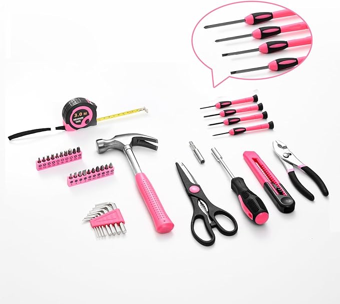 39 Piece Pink Tool Set for Women, All Purpose Household Hand Tool Kit with Plastic Storage Box, Small Tool kit for Home Garage Office College Dorm