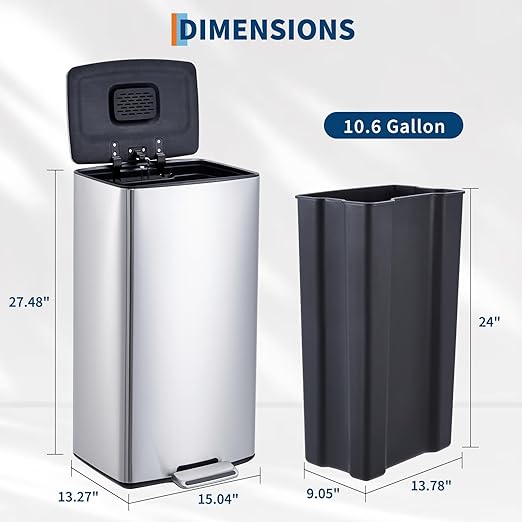 Kitchen Trash Can with Soft Close Lid & Foot Pedal, 40 Liter / 10.6 Gallon Stainless Steel Garbage Can with Odor Filter & Removable Inner Bucket, Rectangular Waste Bin for Home Kitchen Office