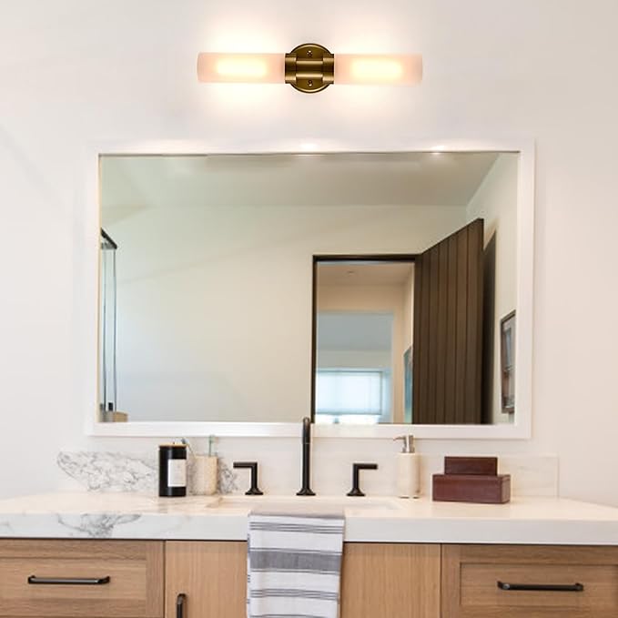20-Inch Gold Bathroom Light Fixtures Wall Sconce with Frosted Glass Shade Modern 2-Light Cylinder Vanity Lights Brass Glass Sconces Wall Lighting for Living Room Bedroom