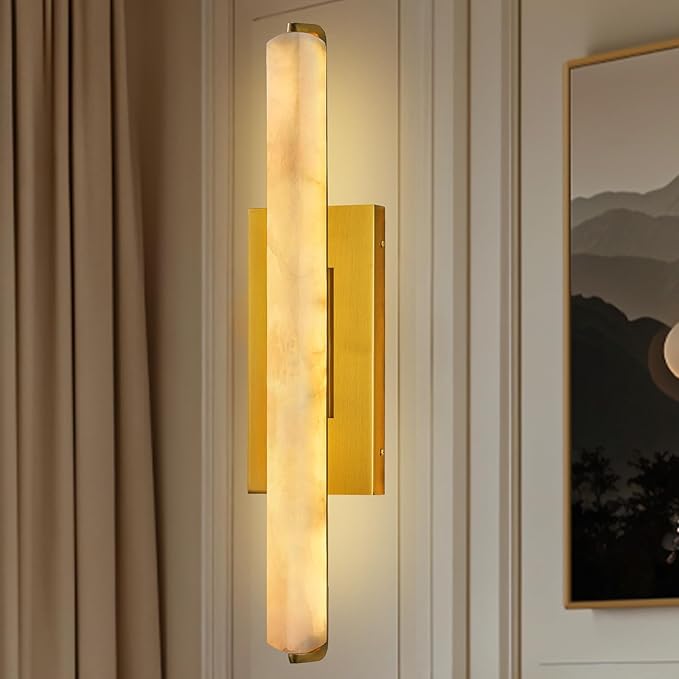 Alabaster Wall Sconces Set of Two, 25" Brass Alabaster Sconce, Spanish Natural Marble Bathroom Vanity Sconces, Rectangle Modern Sconces Lighting for Bedroom Living Room Staircases Hallway