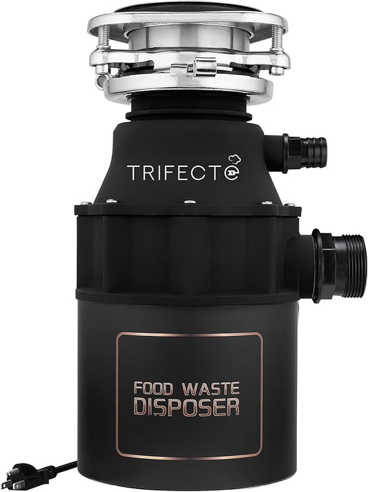 Trifecte Garbage Disposal 1/2 HP for Sink, Continuous Feed Food Waste Disposer with Power Cord, Faster and Powerful 0.5 HP Kitchen Waste Grinder with Dishwasher Hookup, Matte Black