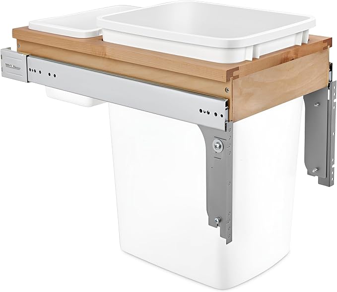 Rev-A-Shelf Top Mount Single Pullout Under Cabinet 35 Quart Kitchen Trash Cans with 150 Pound Rated Full-Extension Slides, 4WCTM-12DM1