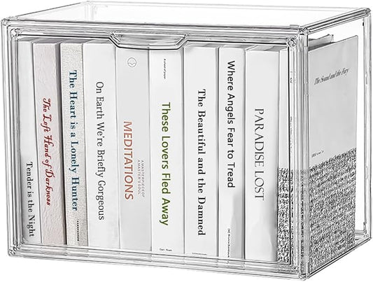 Clear Acrylic Bookcase, Book Organizer Box, Portable Book Containers with Magnetic Door, Stackable Display Case for Purses Handbags Dolls Toys Shoes(Clear, 14.17" ×10.63"×8.66")