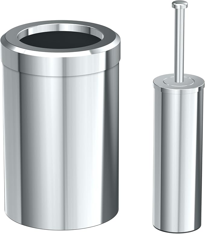 Gatco Small Bathroom Trash Can With Lid And Toilet Brush Set, Round 3 Gallon Stainless Steel Wastebasket, Under Sink, Chrome, For Bathroom, Bedroom, Office (2975)