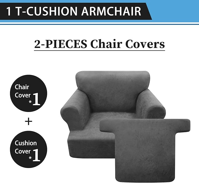 2-Pieces T Cushion Armchair Slipcovers Leather Look Couch Cover Chair Covers Stretch Furniture Protector Sofa Cover with 1 Individual T Cushion Seat Cover Slipcover Sets Washable, Grey