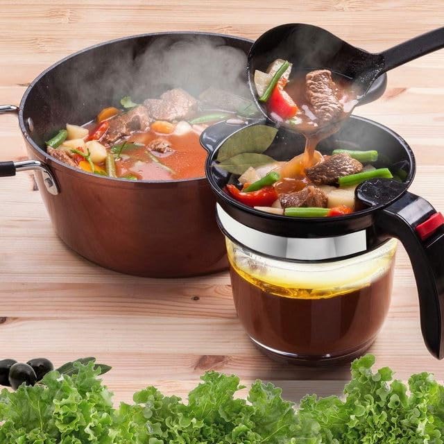 Fat & Grease Separator with Fine Mesh Filter and oil Sauce Separator Strainer with a bottom drain valve. Sauce separator strainer for healthier cooking. 33Oz or 0.975 Lt