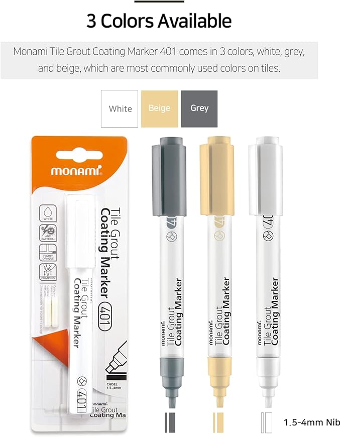 MONAMI Tile Grout Coating Marker 401, Chisel Tip (1.5~4mm), Repair Marker with Replaceable Nib Tips to Restore Grout Lines, Beige, 1 Marker + 2 Extra Tips