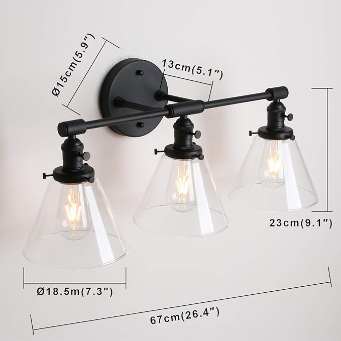 Permo Vintage Industrial Antique Three-Light Wall Sconces with Funnel Flared Clear Glass Shade (Black)