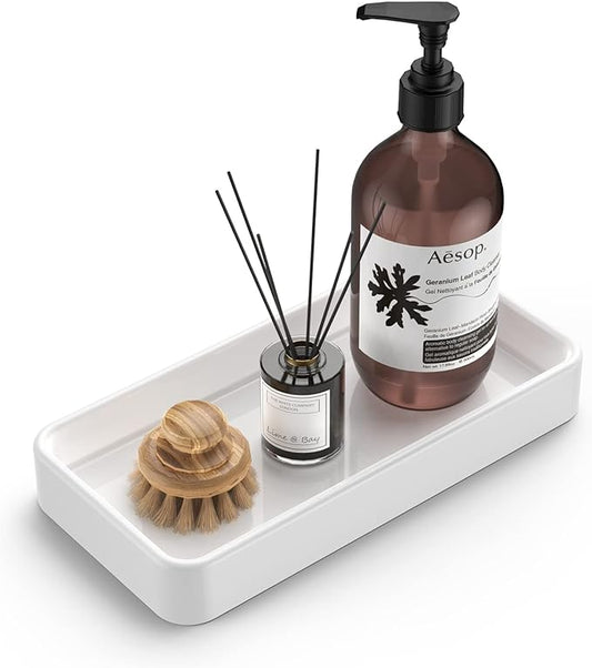Gurygo 8" - Small Rectangular Vanity Tray for Bathroom - Ceramic Kitchen Soap Tray - Countertop and Vanity Tray - Comestic Holder Bathtub Organizer - Bathroom Tray, (White, Set/1)