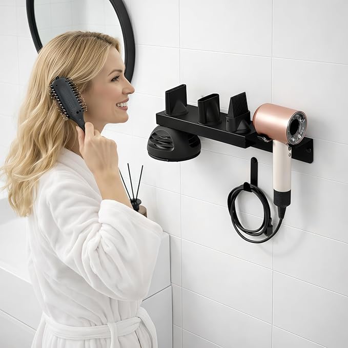 Hair Dryer Holder Wall Mount for Dyson, Blow Dryer Holder Compatible with Dyson Accessories, Stainless Steel Hair Dryer Stand Holds Up to 5 Attachments, Bathroom, Black