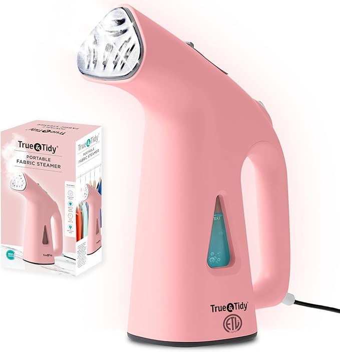 True & Tidy® Handheld Garment Steamer for Clothes with Water Cup Accessory, Portable Travel Steam Iron, Stainless Steel Plate up to 10 mins of Continuous Steam, 800 Watts, Pink