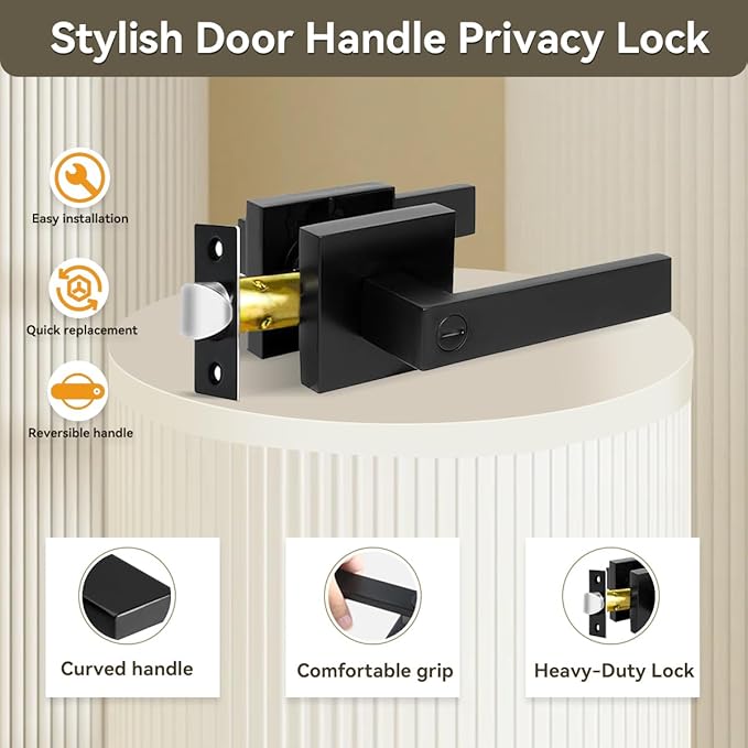 KAMOTA Privacy Door Levers, 3 Pack Matte Black Door Handles Bed and Bath Door Locks Interior Keyless Locksets, Left and Right Hand Reversible