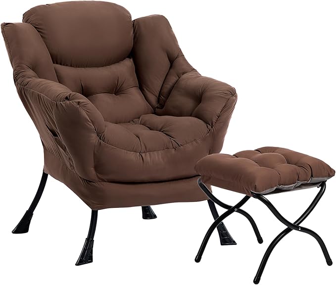 HollyHOME Lazy Chair with Foldable Ottoman, Accent Comfy Lounge Armchair and Folding Footrest Stool, Leisure Sofa Reading Chair and Footstool for Living Room, Bedroom, Dorm,Coffee Brown