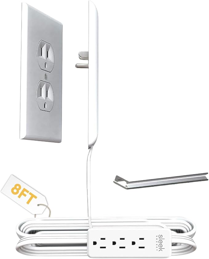 Sleek Socket Original & Patented Pet Proofing Outlet & Plug Concealer with Protective Cord Clips, 8-Foot Flat Extension Cord with Multiple Outlets, Safeguard from Chewing Dangerous Cords