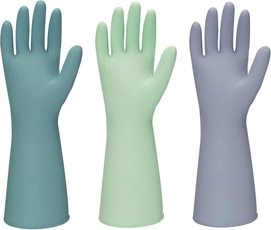 Rubber Kitchen Dishwashing Gloves - 3 Pairs Colorful Reusable Household Cleaning Gloves For Washing Dishes And Cleaning Tasks，Flexible And Durable Waterproof (Large, Dark Green+Green+Gray)
