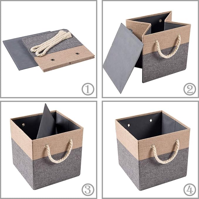PRANDOM Large Foldable Cube Storage Bins 13x13 inch [2-Pack] Fabric Linen Storage Baskets Cubes Drawer with Cotton Handles Organizer for Shelves Nursery Closet Bedroom Khaki