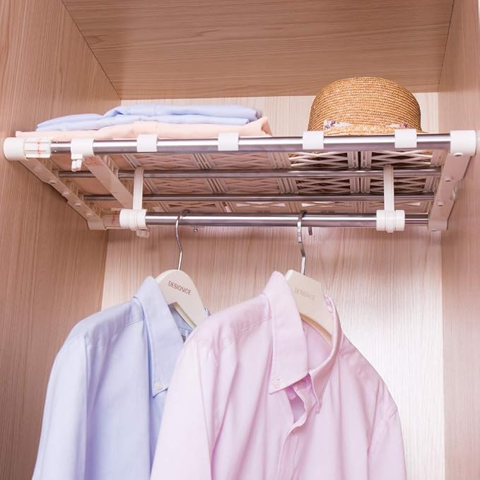 BAOYOUNI Expandable Closet Shelf Rod Clothes Storage Rack Organizer Separator Space Saving with 5 Mesh Spacers and 1 Hanging Rod, 17.72-27.56 in