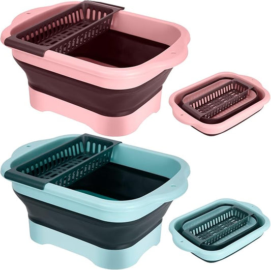 2-Pack Foldable Wash Basin for Vegetables,Collapsible Portable Sink Set in Pink & Green,Kitchen Storage Tray-Laundry,Dishes,Indoor,Outdoor,RV & Camping-Leak-Proof Drain Design