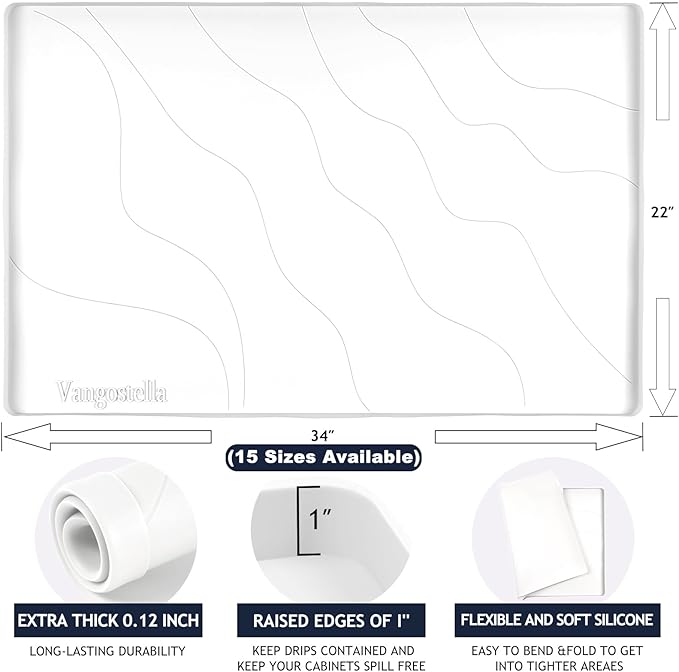 Heavy Duty Silicone Under Sink Mats for Kitchen Waterproof 40" x 22", Extra Thick Under Sink Rubber Mat Drip Tray, Raised Edge Under Sink Liner,Prevent Drips, Leaks, Spills,White