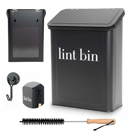 Magnetic Laundry Lint Bin for Dryer | Wall-Mounted Small Trash Can for Laundry Room | Includes Magnetic Hook & Lint Brush | Space-Saving Magnetic Laundry Trash Can | Matte Black