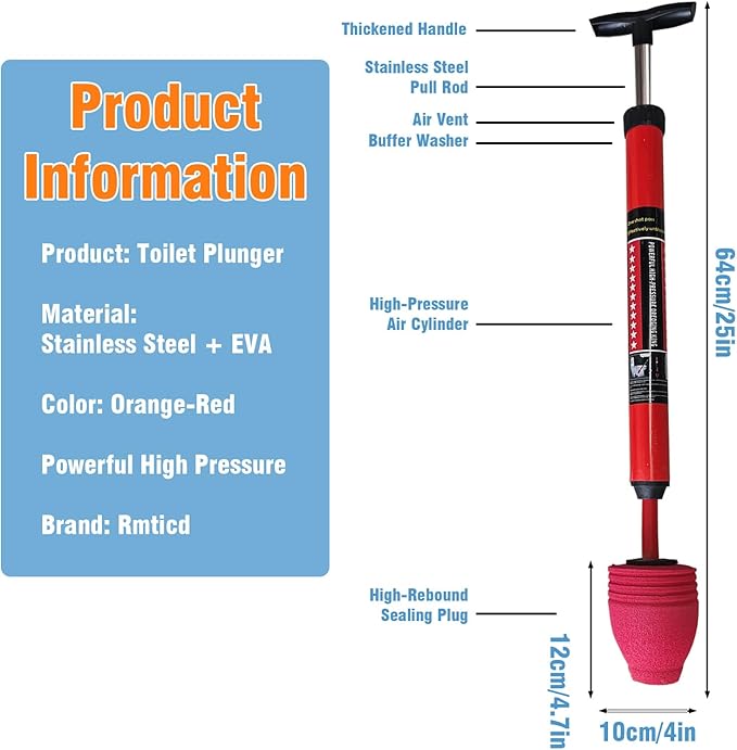 Toilet Plunger, High-Pressure Plungers for Bathroom, Toilet Brush and Plunger Set - Powerful Air Drain Unclogger & Heavy-Duty Clog Remover for Bathroom Drains, and Clogged Pipes