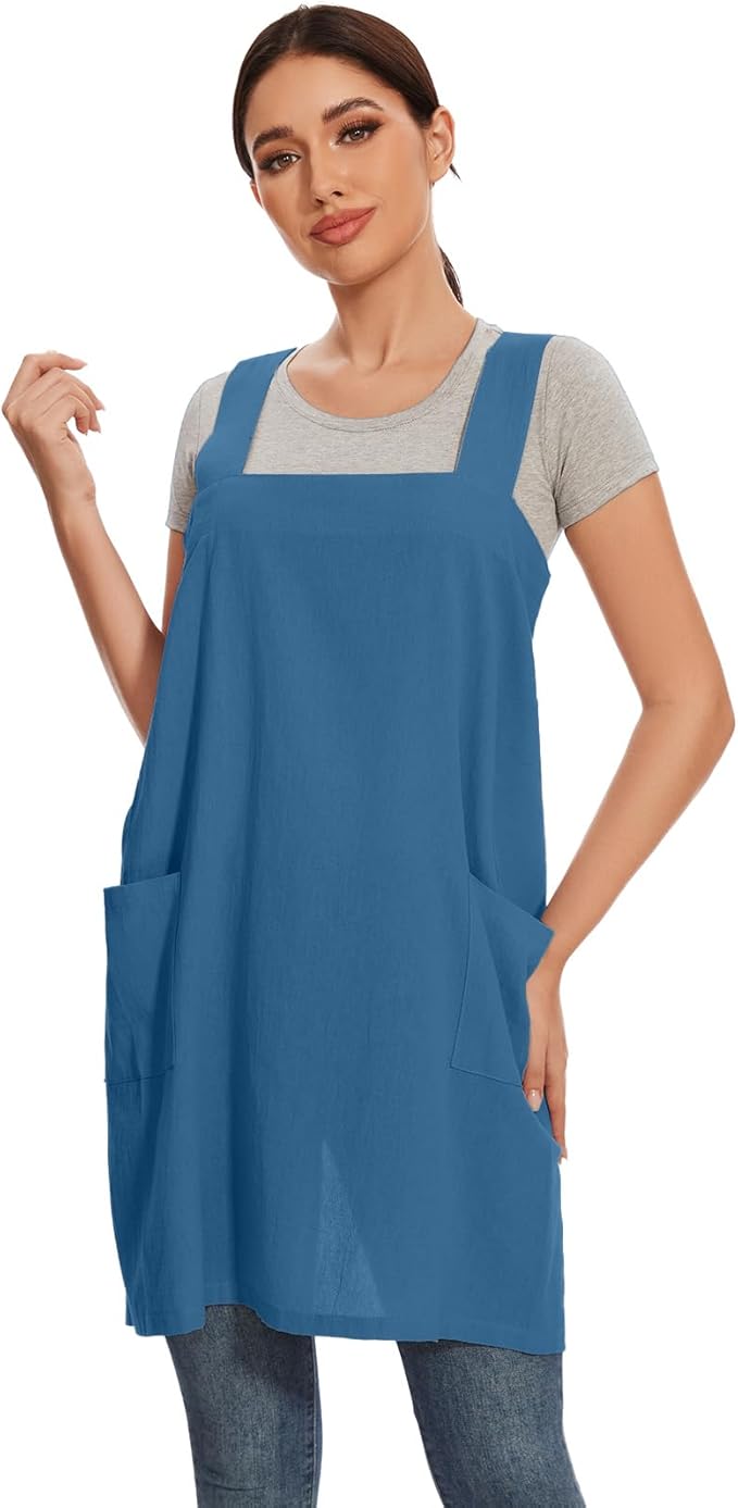 Women Apron with 2 Pockets Cotton Linen Kitchen Baking Cooking Chef Cross Back Pinafore Dress