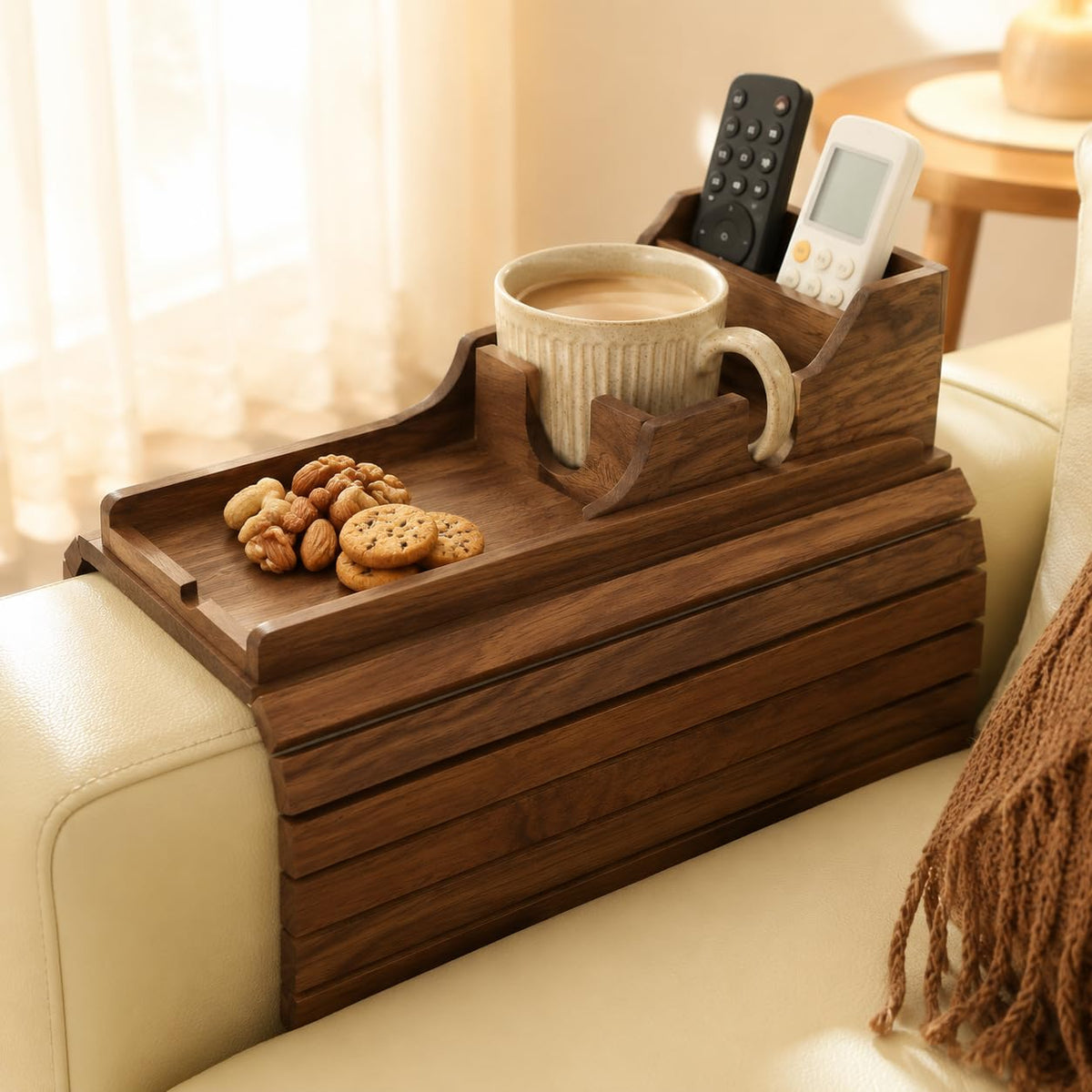 Acacia Couch Armrest Table, Over the Couch Arm Tray - Image 1