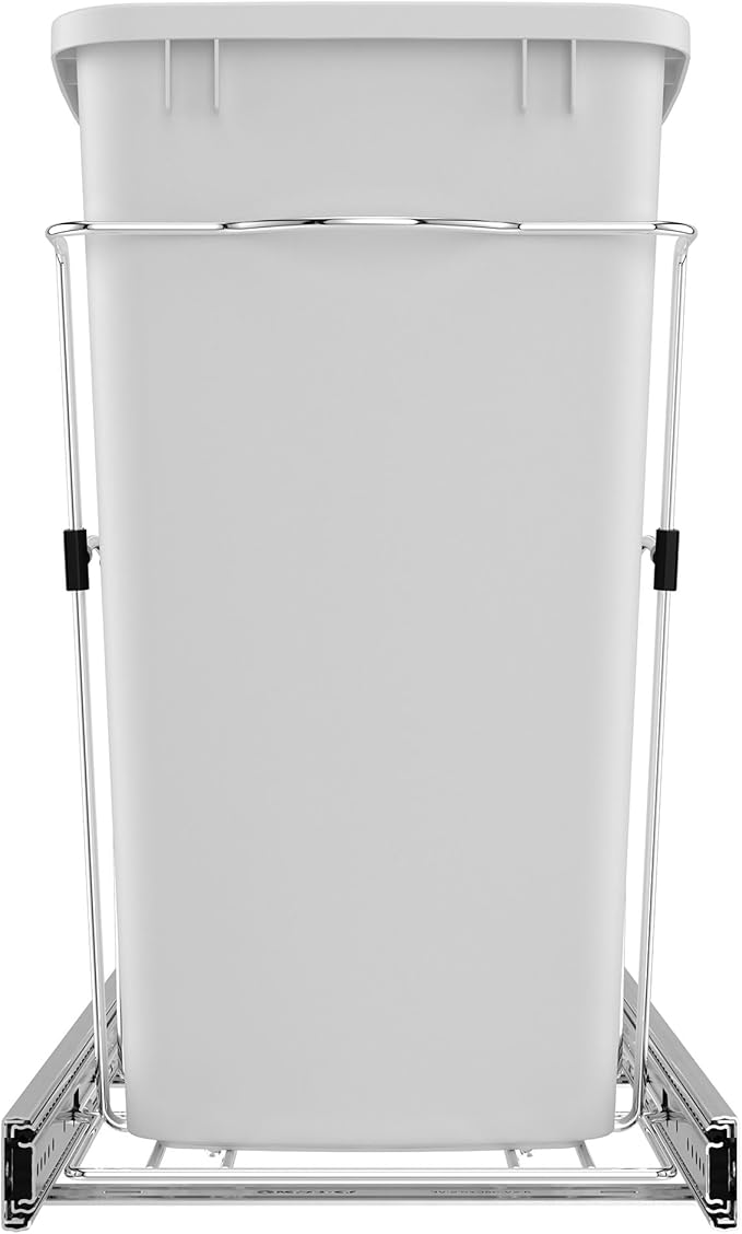 Rev-A-Shelf Pullout Trash Can for Kitchen Cabinets 35 Quart Garbage Waste Recycling Bin with Full Extension Slides, White, RV-12KD-11C
