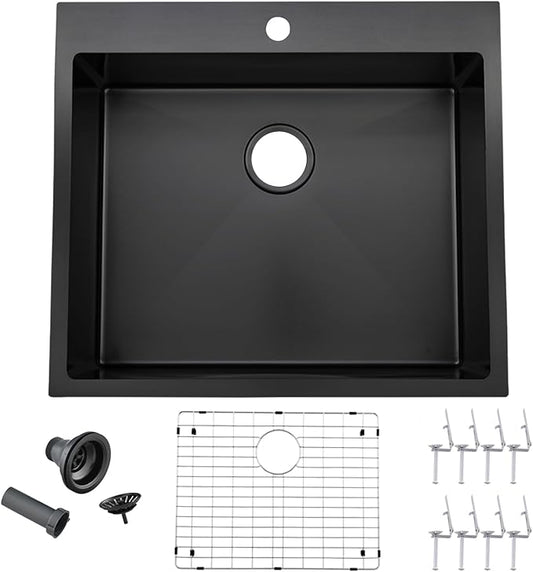 25 Inch Black Drop In Kitchen Sink, 25 x 22 Inch16 Gauge Single Bowl Stainless Steel Handmade Topmount Black Sink RV Bar Sink Basin with Accessories