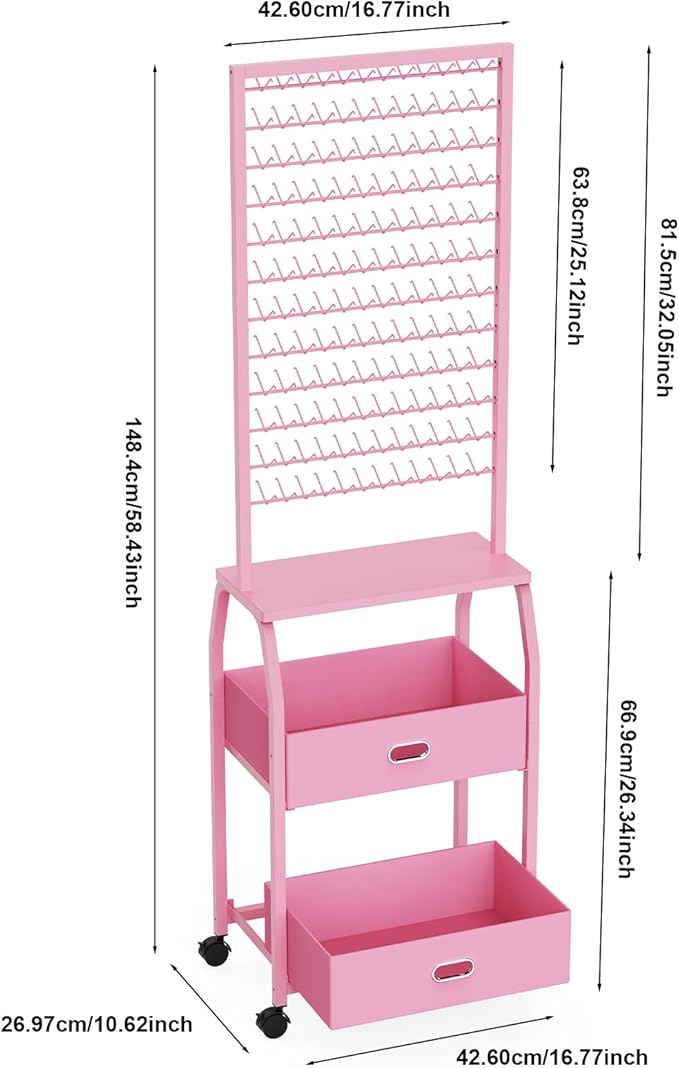 Portable Braiding Hair Rack with Wheels & Storage Drawers,2-Sided 288 Pegs,Hair Extension Holder Hanger for Braiding Hair Separator Stand Display,Hair Rack with Stylist Hair braiding Tools（Pink）