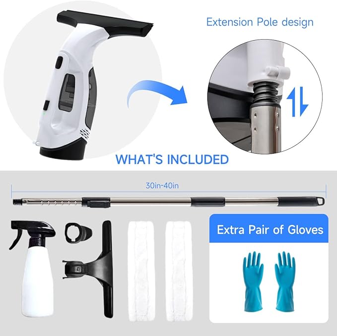 Window Vacuum Squeegee Cordless, 2000Pa Electric Window Cleaner Tool with Extension Pole Window Cleaning Kit 11" Shower Squeegee for High Windows, Shower Doors, Tile & Car Windshield