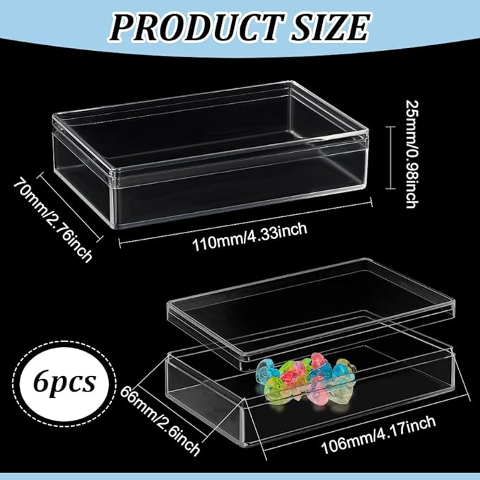 BENECREAT 6Pcs Acrylic Storage Boxes with Lids, 4.3x2.7x1inch Rectangle Storage Containers, Candy Box, Clear Display Box for Wedding, Party, Treats, Jewelry Accessories