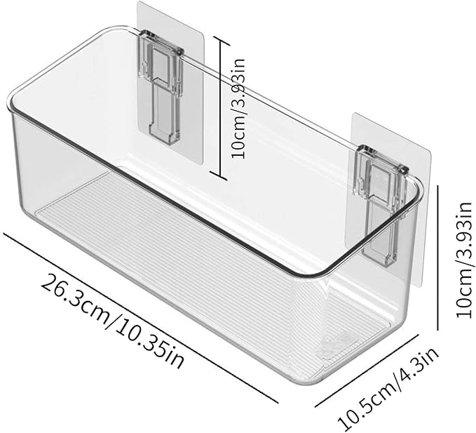 Clear plastic shelf bracket with dimensions labeled on a white background